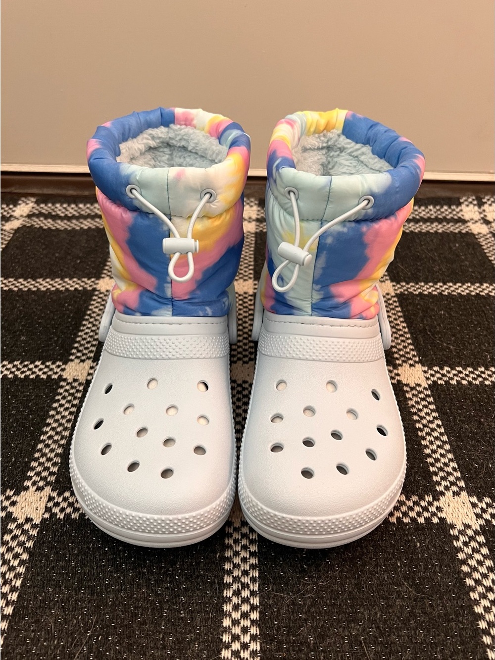 CROCS Light Blue Winter Boots with Rainbow Tie-Dye Cuff